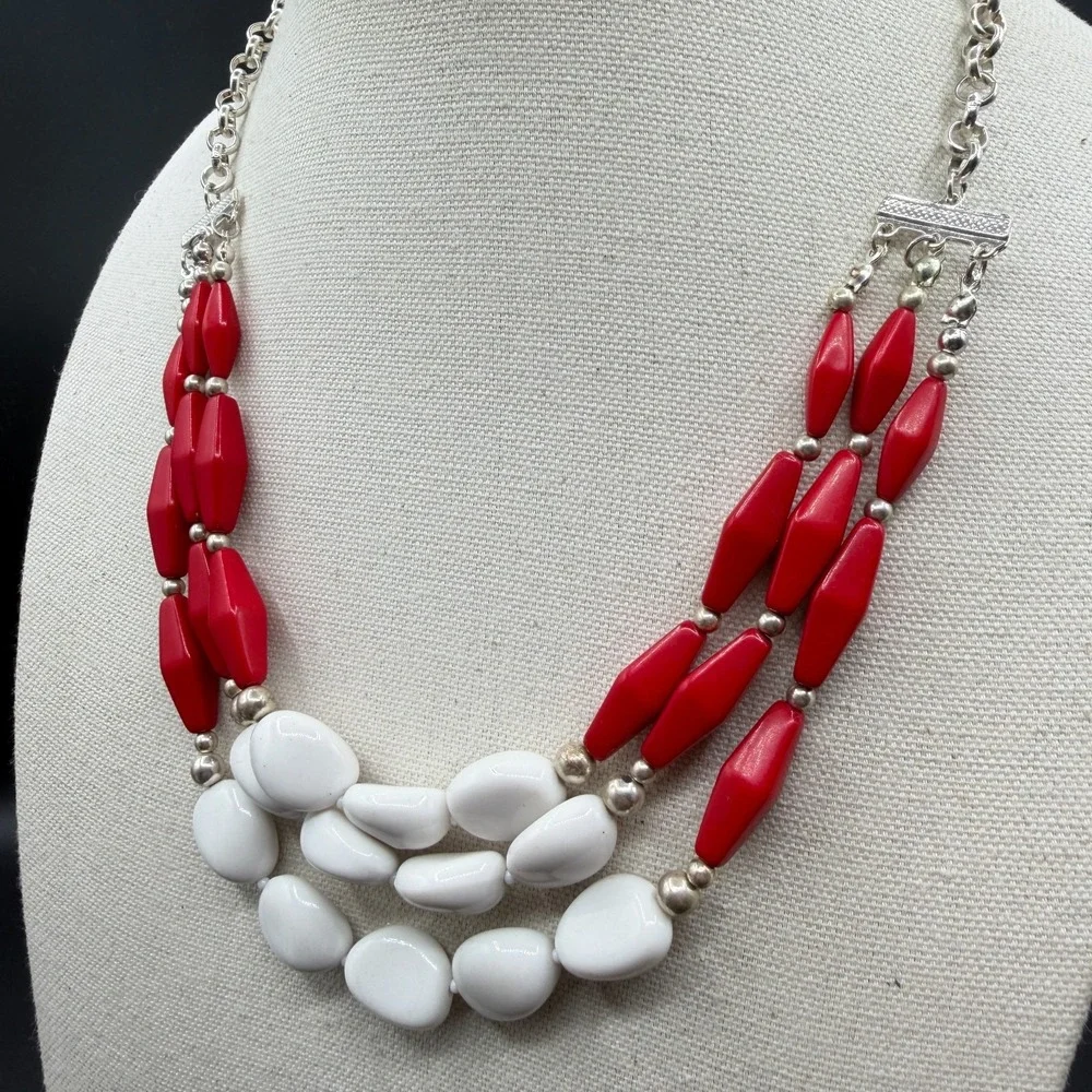 Red White Beaded Statement Necklace Silver Tone Triple Strand Chunky Boho Gift